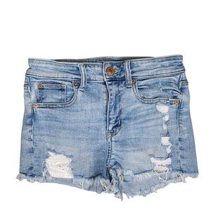 America Eagle super stretch high rise shortie raw hem distressed denim shirts 2